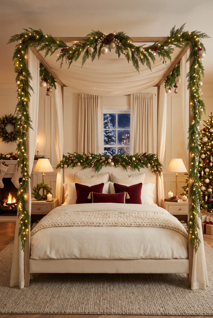 Romantic Christmas bedroom with canopy bed, evergreen garland, and warm fairy lights