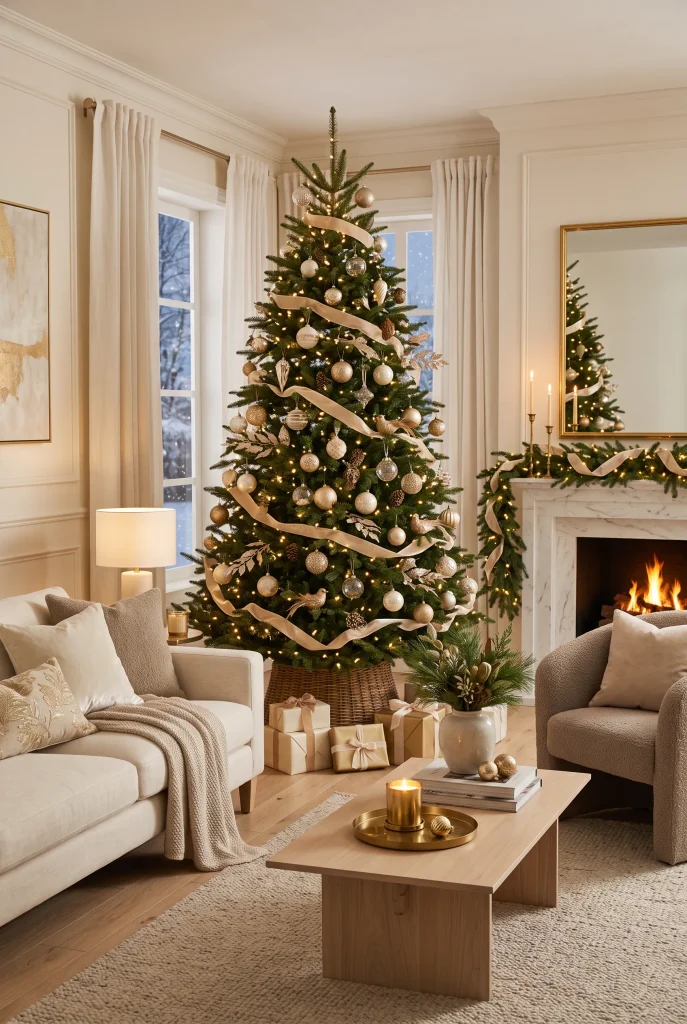 Champagne Christmas tree with velvet ribbon in an elegant neutral living room