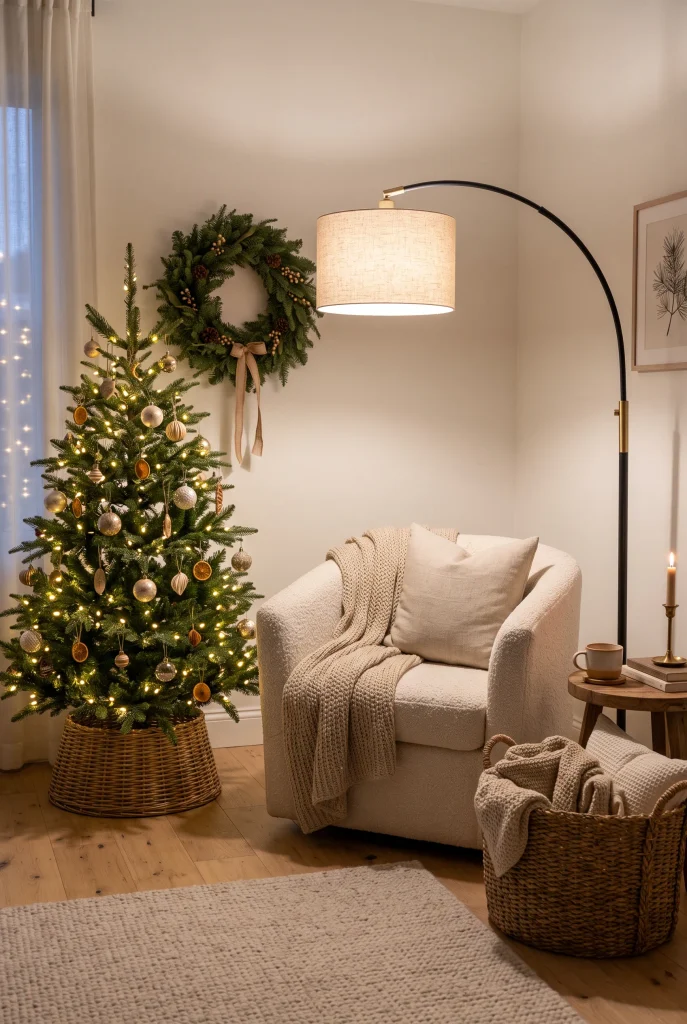 Christmas living room corner with floor lamp, chair, and small tree