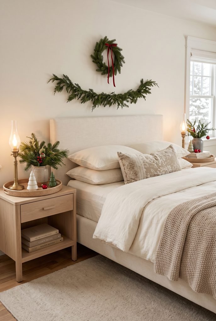Christmas decorations arranged on bedside nightstands beside a cream bed