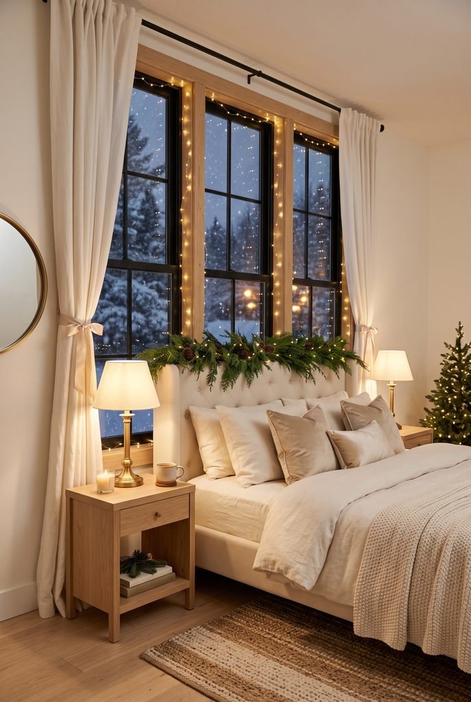 Christmas bedroom window decorated with warm white fairy lights and soft neutral furnishings
