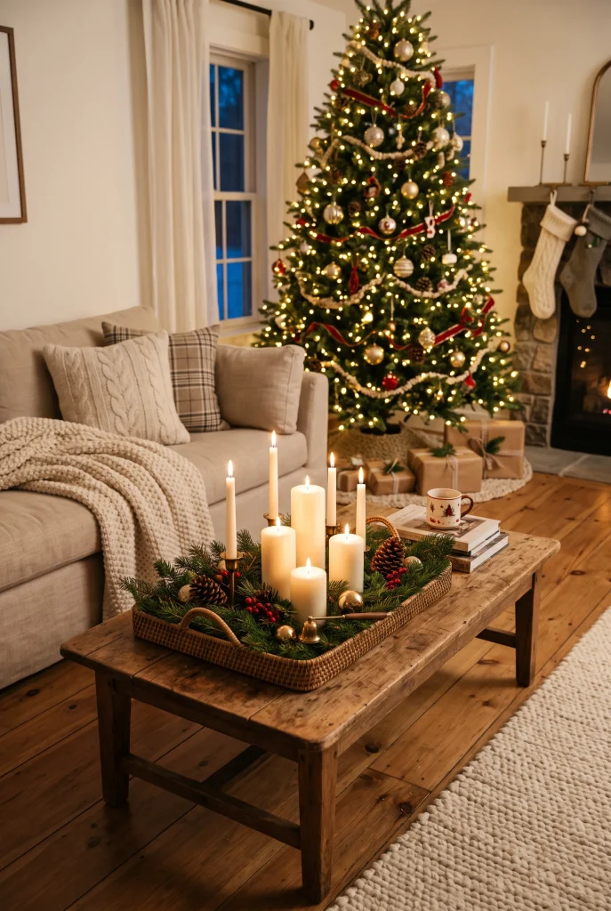 Cozy candlelit Christmas coffee table with evergreen branches