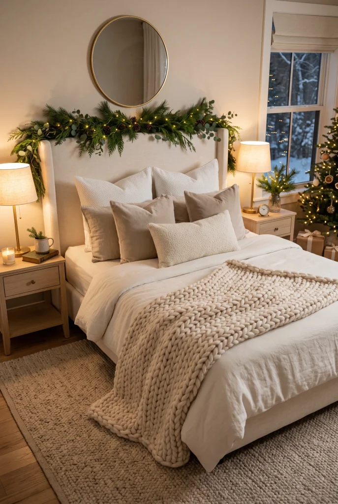 Cozy Christmas bed layered with ivory bedding and an oversized chunky knitted throw