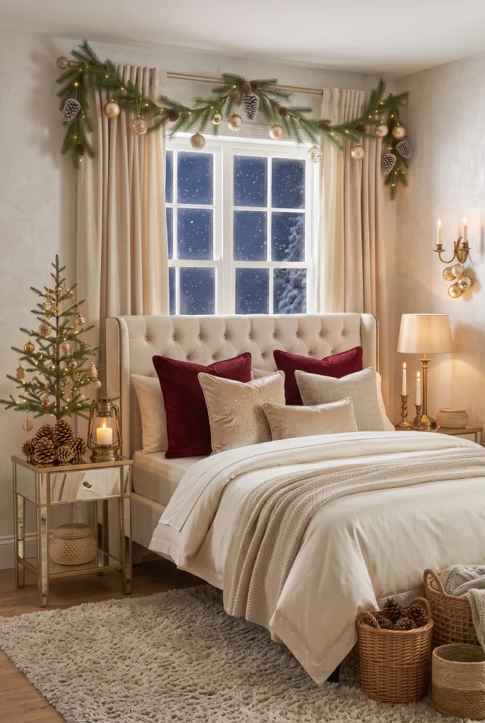 Elegant Christmas bedroom with velvet accents, ivory bedding, and warm seasonal lighting