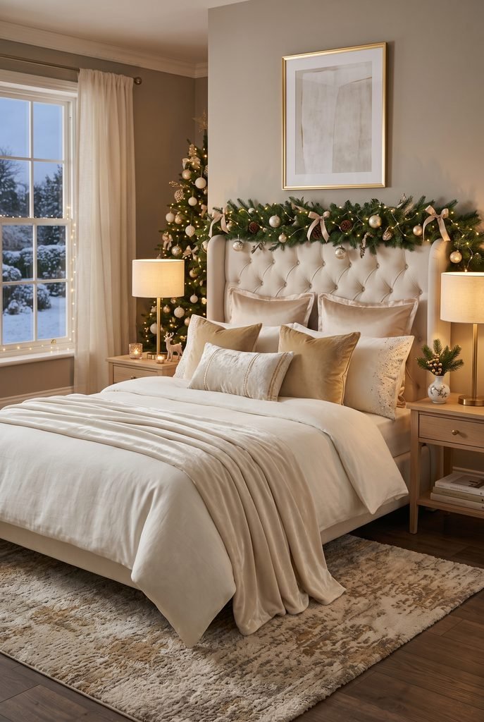 Elegant cream and gold Christmas bedroom with champagne accents and evergreen branches