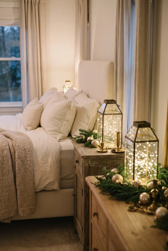 Glass lanterns filled with warm white fairy lights on a bedroom table