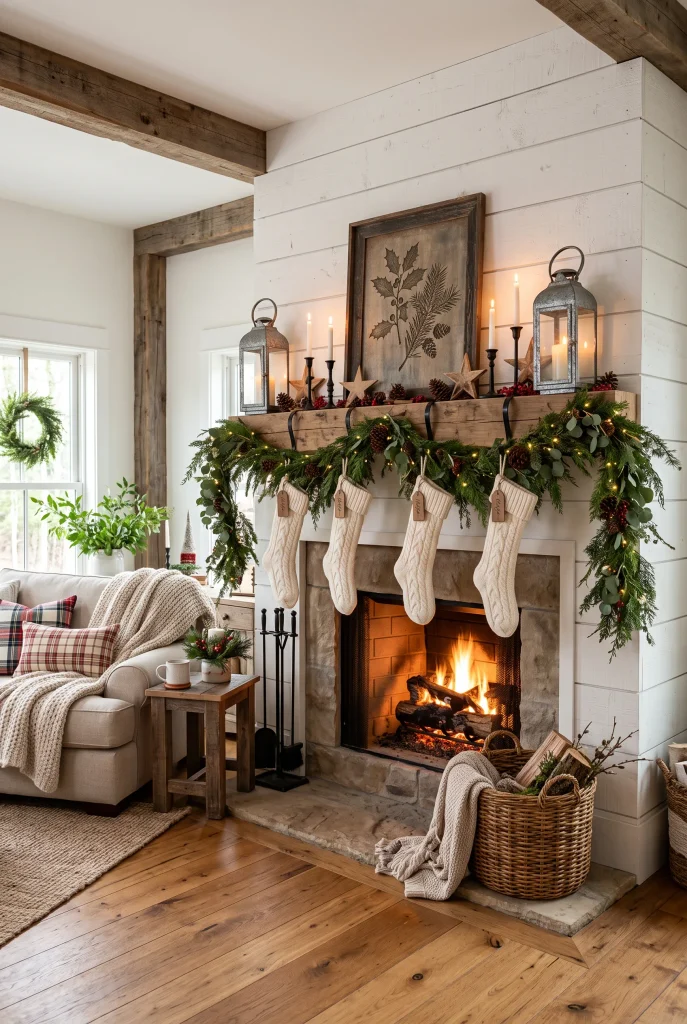Modern farmhouse Christmas mantel with greenery, cream stockings, lanterns, and wooden stars