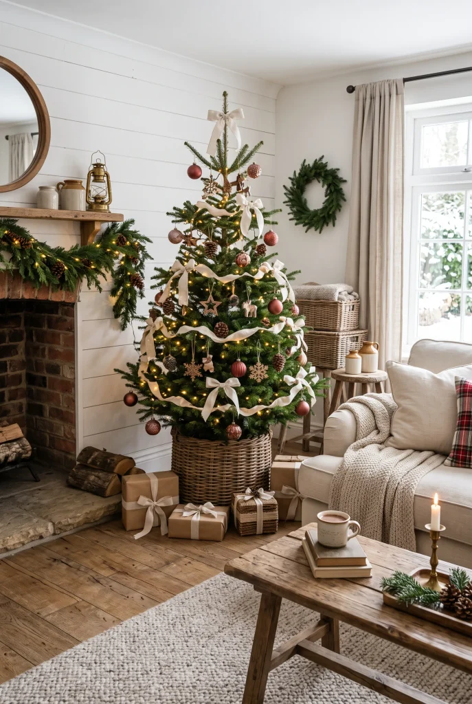 Farmhouse Christmas tree displayed in a woven basket with wooden ornaments