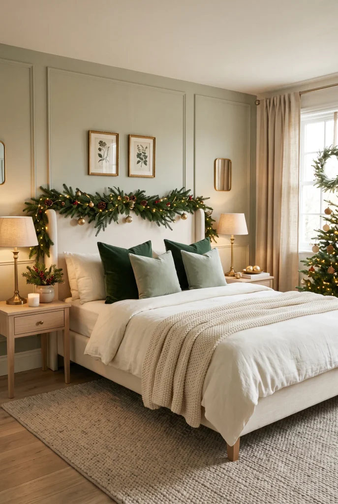 Christmas bed styled with forest green velvet pillows and neutral bedding