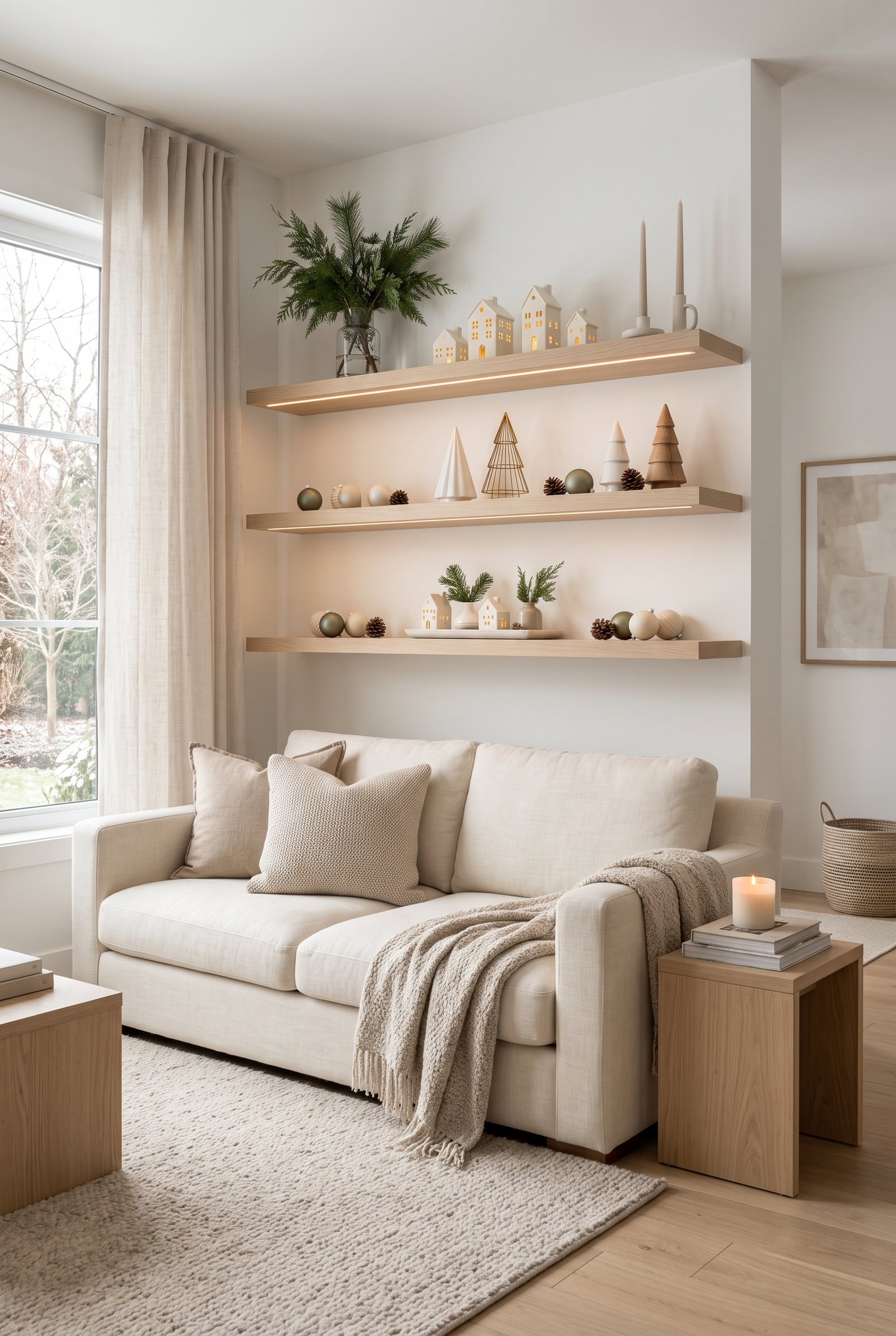Modern living room shelves decorated with Christmas greenery and ceramic trees