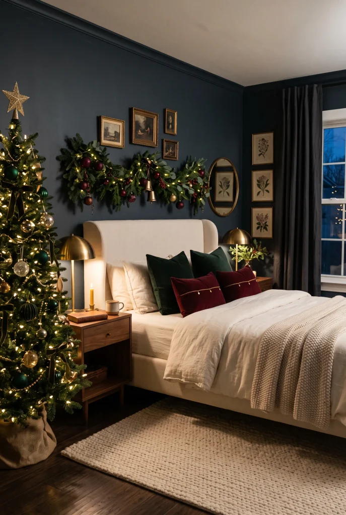Moody Christmas bedroom with dark walls, forest green pillows, and warm holiday lighting