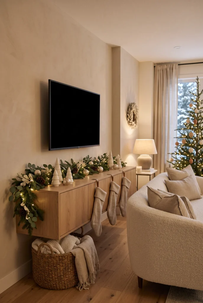 Neutral Christmas TV wall with cream, beige, greenery, and natural wood accents