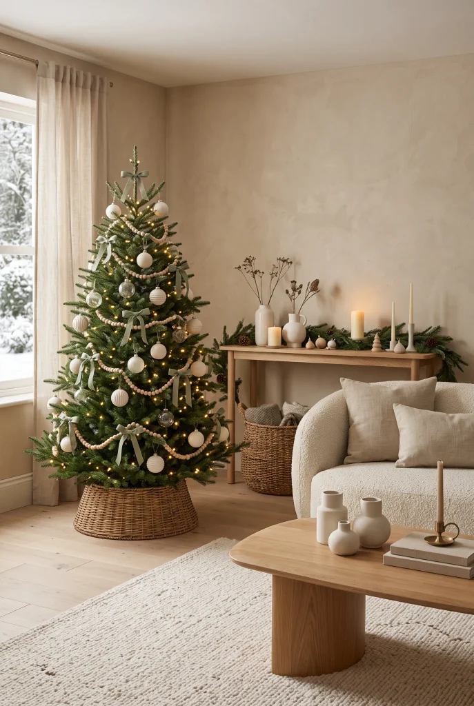 Organic modern Christmas living room with cream sofa, oak furniture, and neutral tree