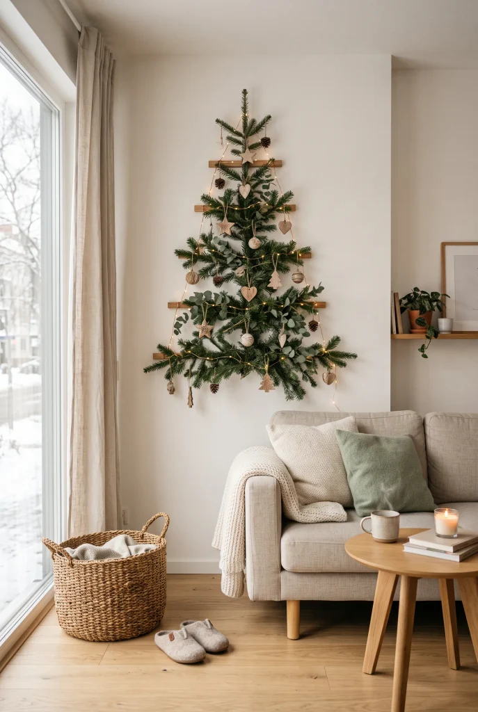Wall-mounted Christmas tree with evergreen branches and warm lights