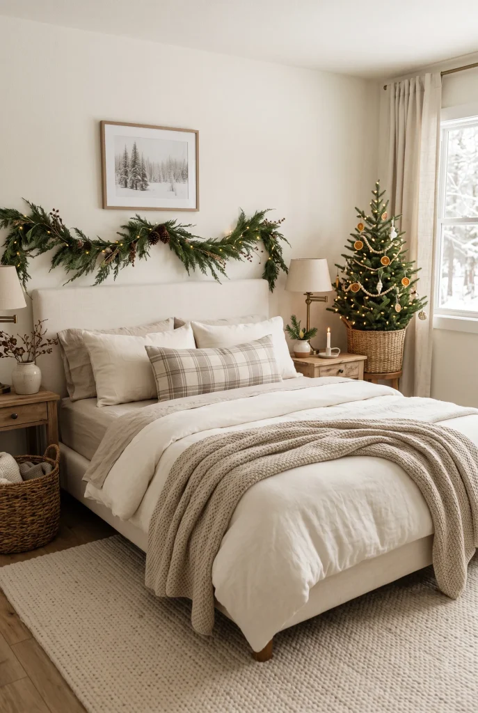 Cream and beige Christmas bedroom with subtle neutral plaid bedding