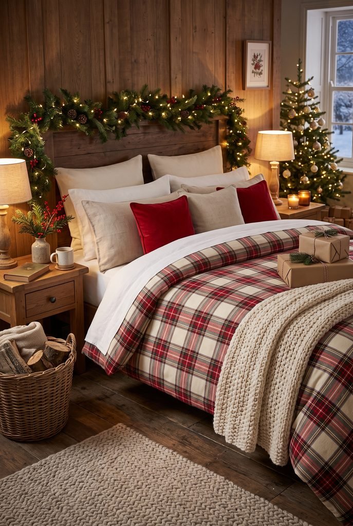 Christmas bedroom featuring red and cream plaid bedding and festive greenery