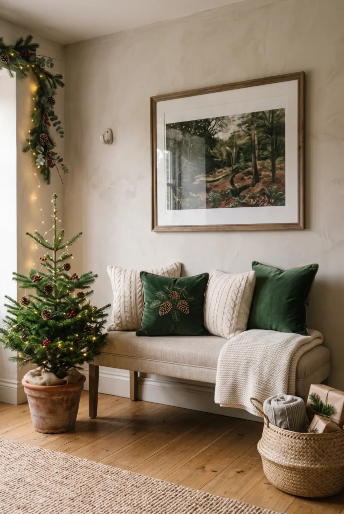 Christmas corner featuring a narrow bench, seasonal cushions, and greenery