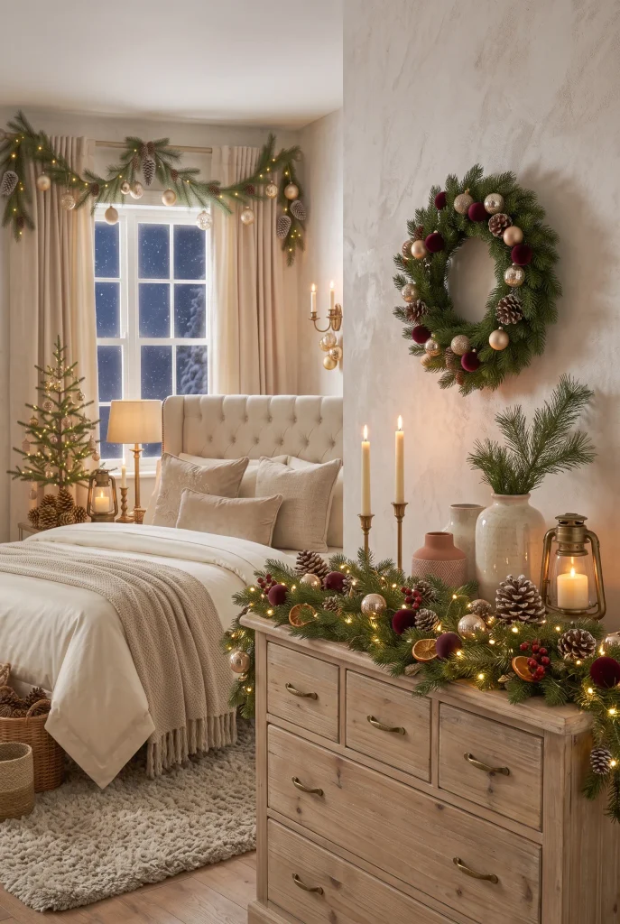 Christmas bedroom dresser decorated with evergreen garland, ornaments, and warm lights