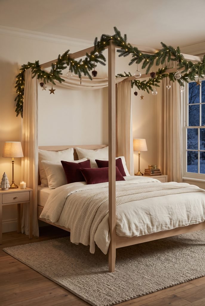 Cozy canopy bed decorated with evergreen garland and Christmas lights