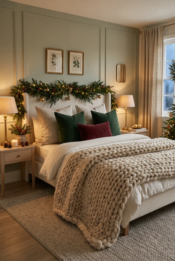 Cozy Christmas bed with chunky knitted blanket and festive green pillows