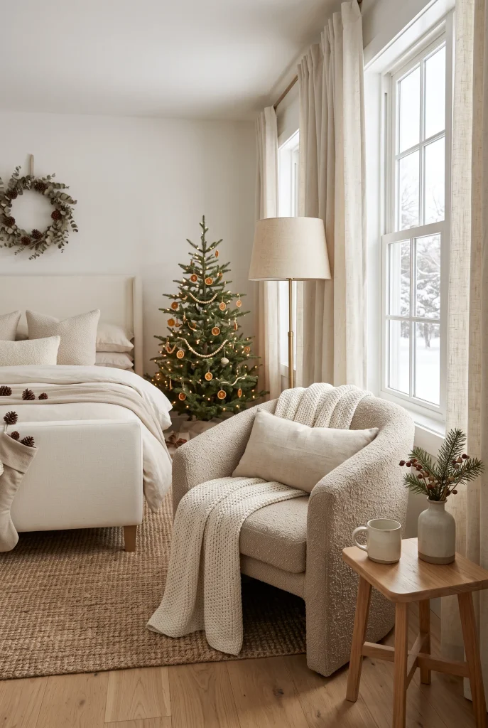 Cozy neutral bedroom reading corner with holiday greenery