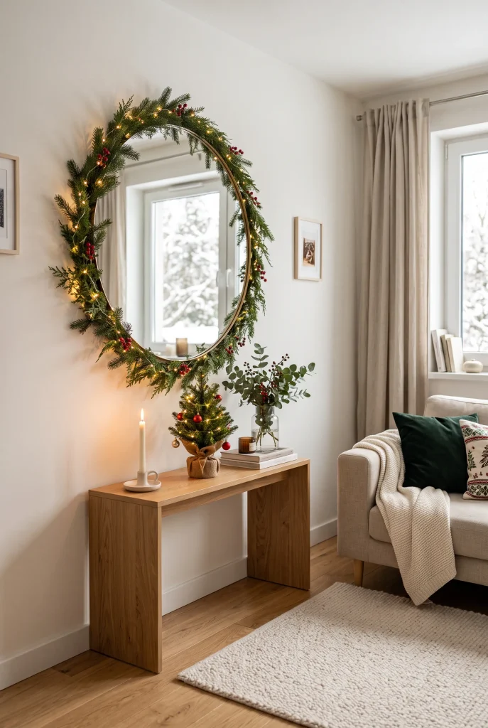 Christmas wreath and greenery decorating a large living room mirror