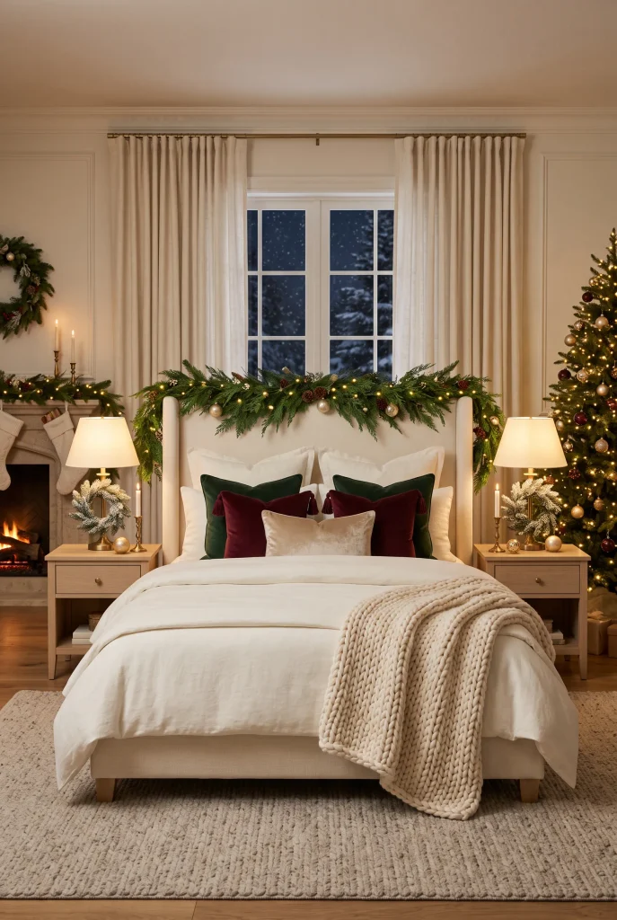Christmas bedroom with rich forest green and burgundy velvet pillows
