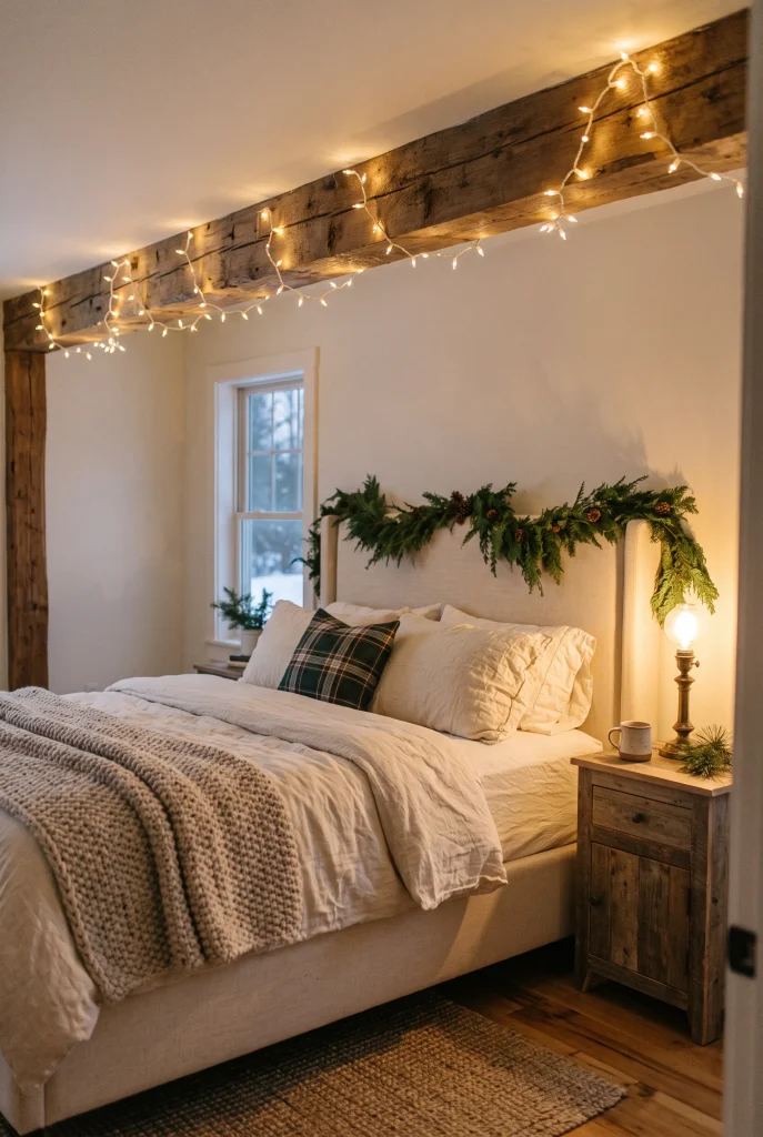 Warm Christmas lights draped across a wooden bedroom ceiling beam