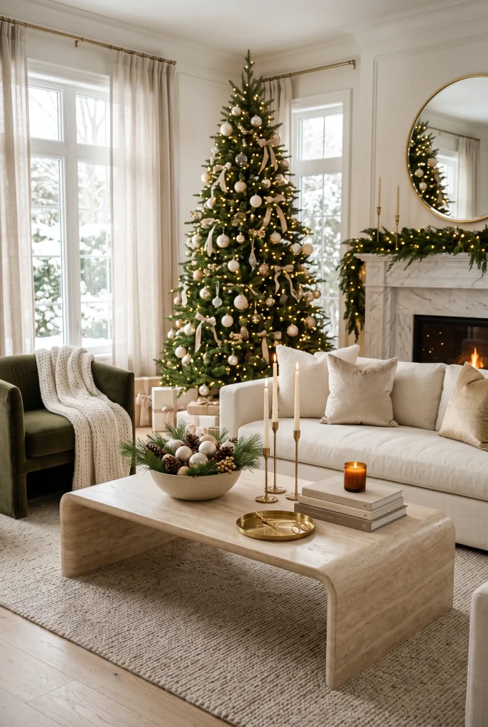 Luxury Christmas coffee table decorated with greenery, candles, and champagne accents
