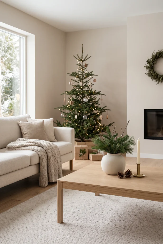 Minimalist Christmas coffee table with a simple evergreen vase