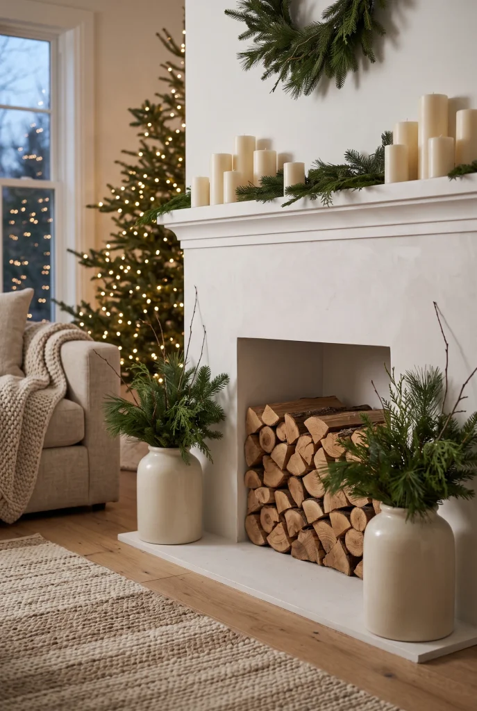 Neutral Christmas fireplace hearth with evergreen branches and cream ceramic vessels