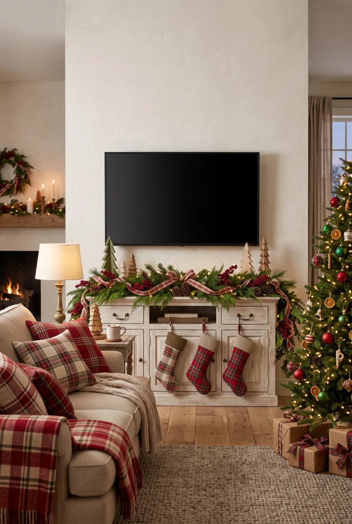 Traditional plaid Christmas TV wall with evergreen garland and red and cream accents