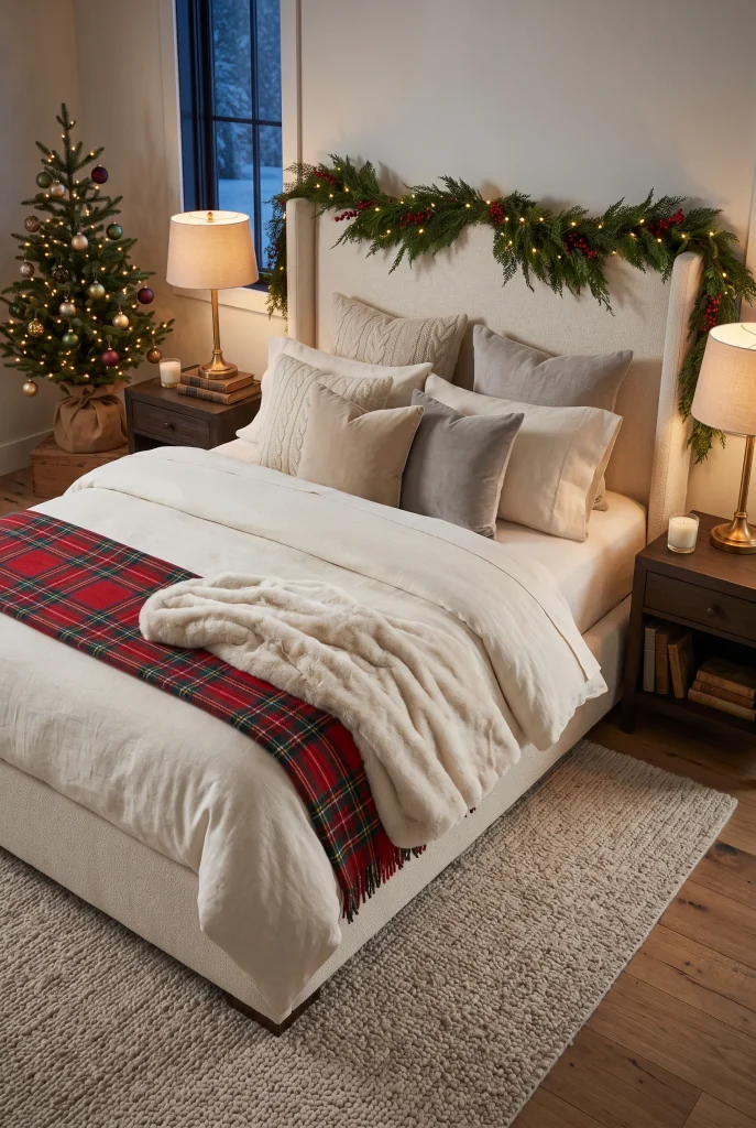 Rustic Christmas bedding with red and green plaid, cream faux fur, and evergreen decor