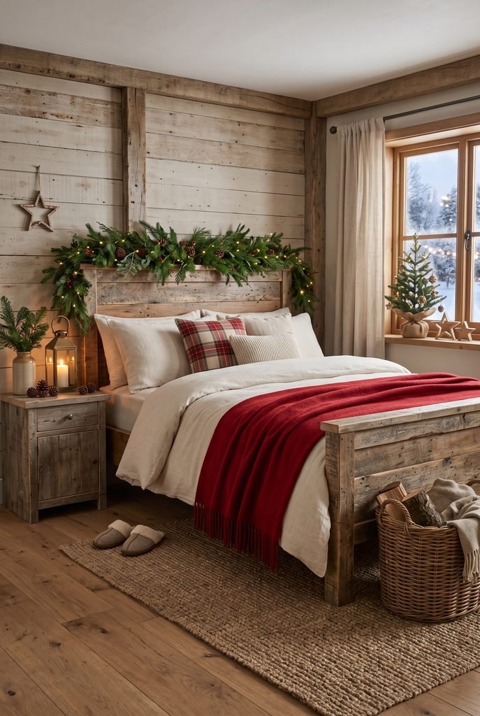 Rustic Christmas bedroom with reclaimed wood furniture, evergreen branches, pinecones, and warm textiles