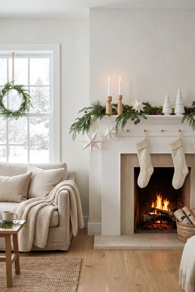 Scandinavian Christmas mantel with evergreen branches, paper stars, wood accents, and cream stockings