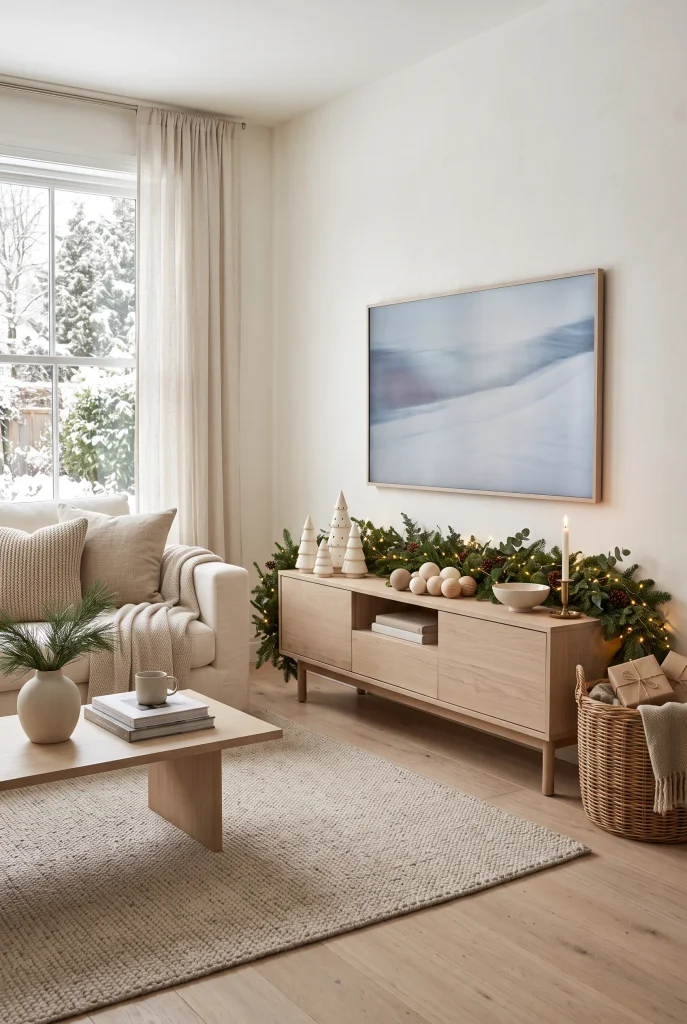 Modern TV console decorated with an evergreen Christmas garland and neutral accents
