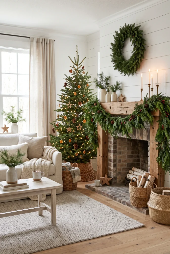 Simple farmhouse Christmas living room decorated with natural evergreen greenery