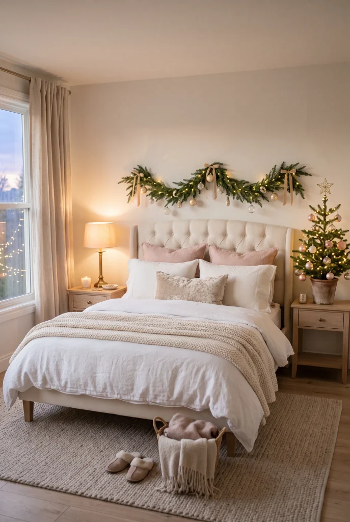 Soft pink and ivory Christmas bedroom with champagne ornaments and a decorated tree