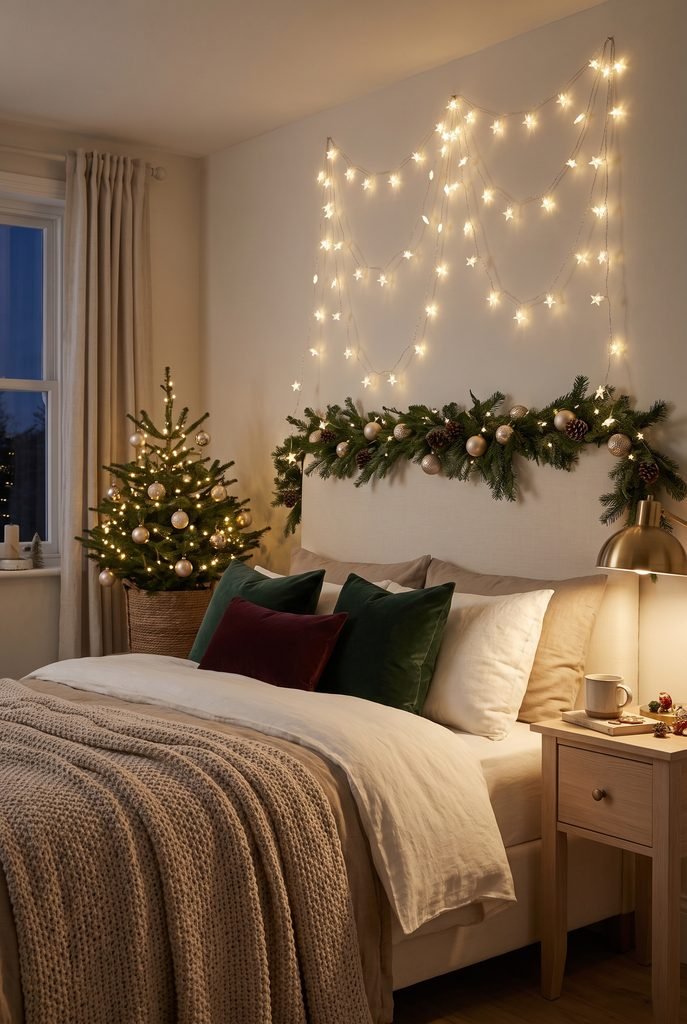Star-shaped Christmas lights glowing above a cozy bedroom