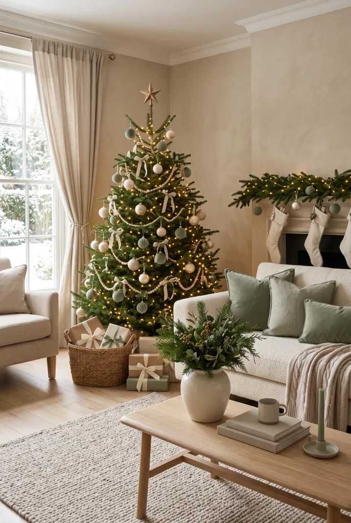 Beige and sage Christmas living room with muted green ornaments and warm lights
