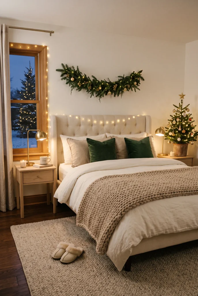 Cozy Christmas bedroom decorated with warm white fairy lights around the headboard