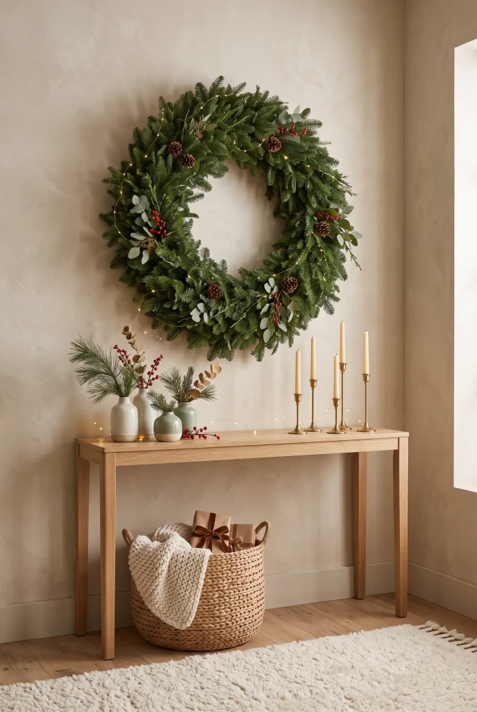 Large evergreen Christmas wreath displayed above a living room console