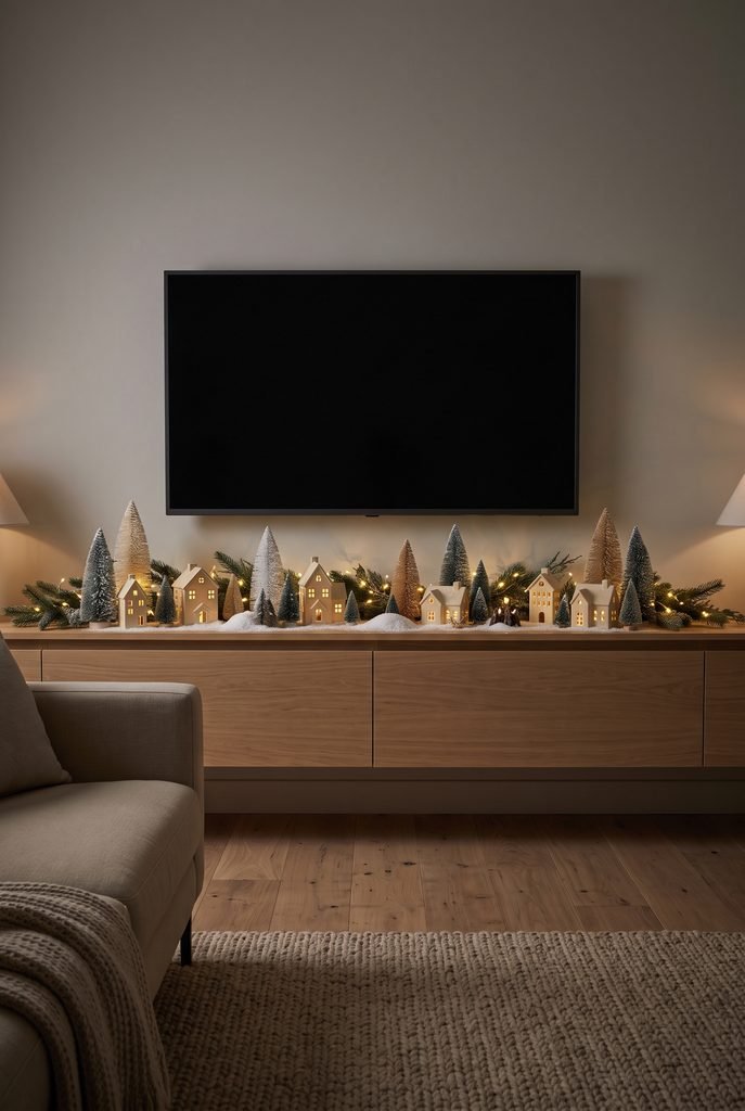 Miniature Christmas village displayed on a media console beneath a wall-mounted TV