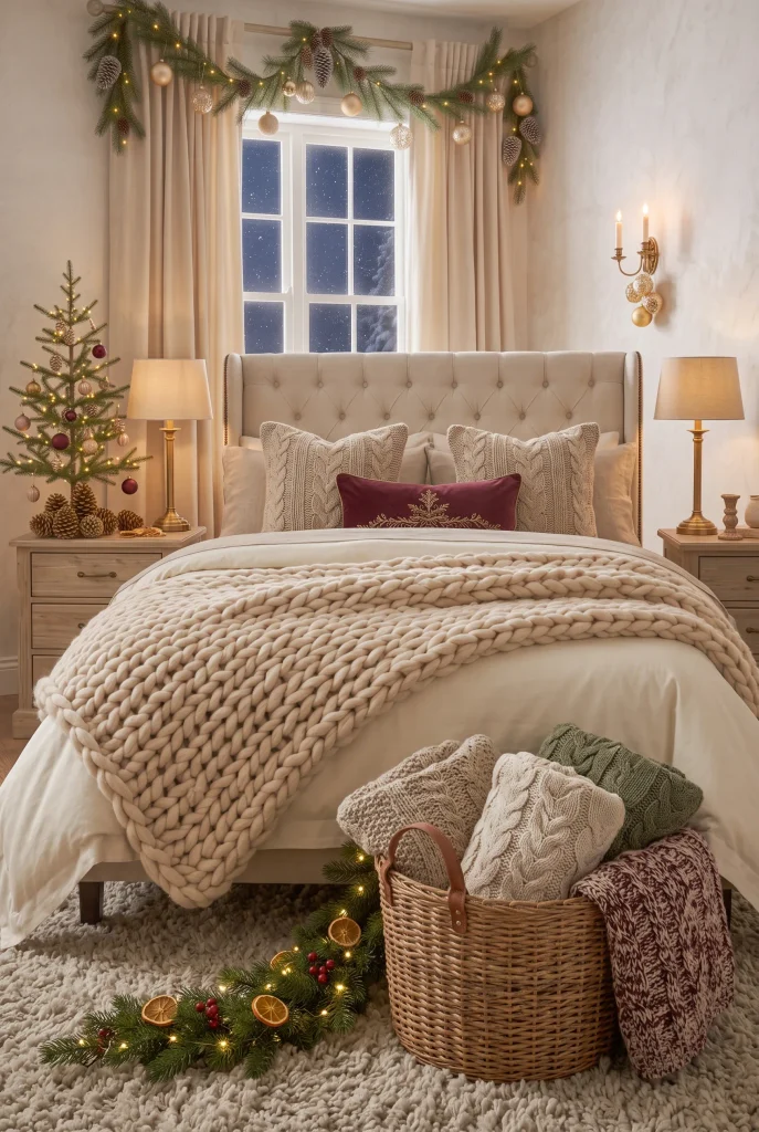 Cozy Christmas bedroom with chunky knitted blankets and layered neutral bedding