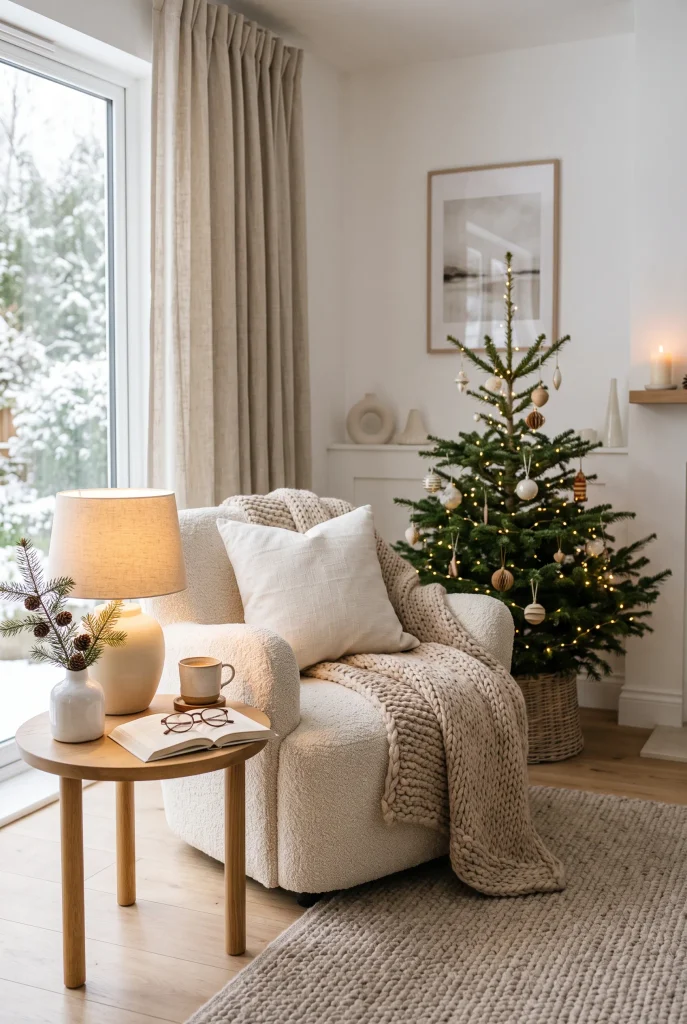 Cozy modern Christmas reading corner with armchair, greenery, and warm lighting