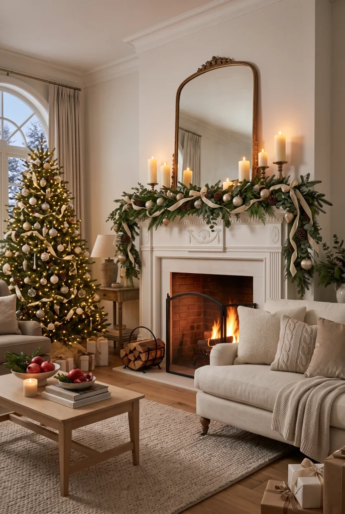 Elegant Christmas mantel with oversized ivory candles and evergreen garland
