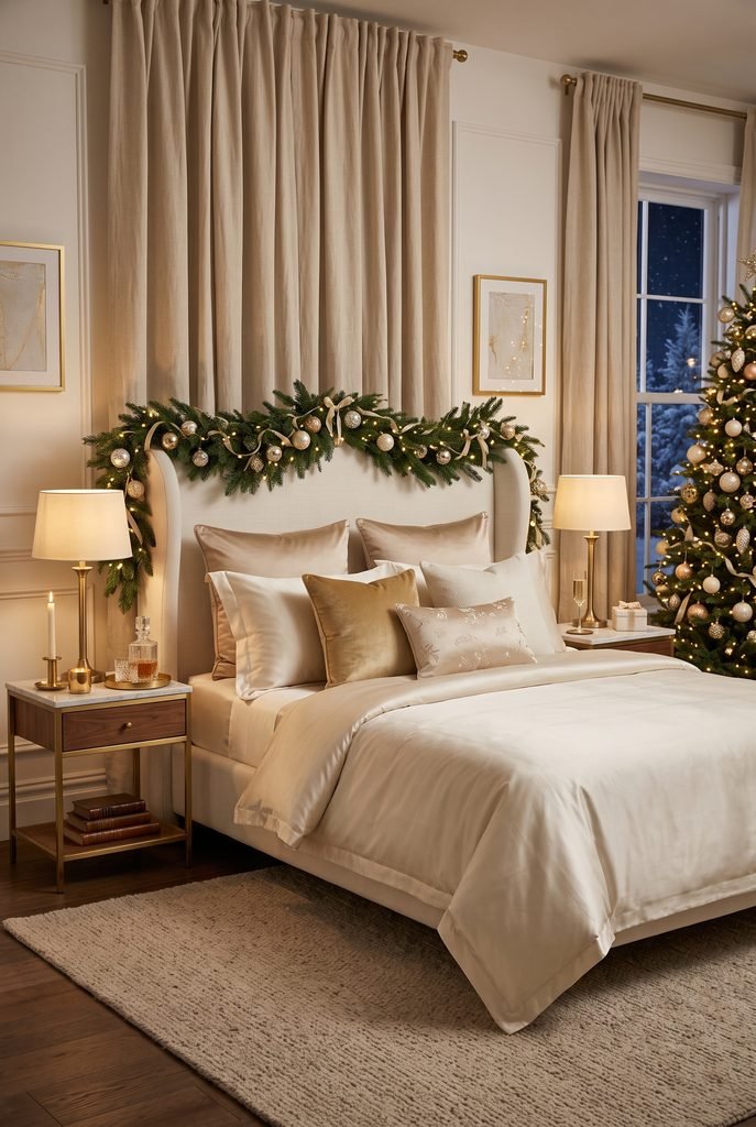 Elegant Christmas bedroom with ivory bedding, champagne ornaments, gold accents, and evergreen garland