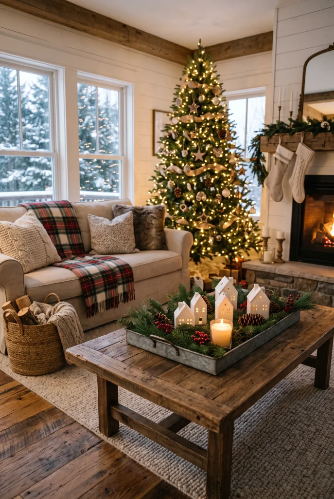 Farmhouse Christmas coffee table with a galvanized metal tray