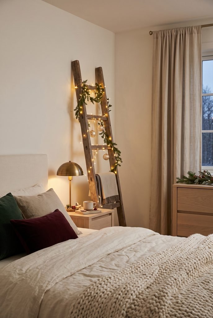 Warm fairy lights wrapped around a rustic bedroom ladder