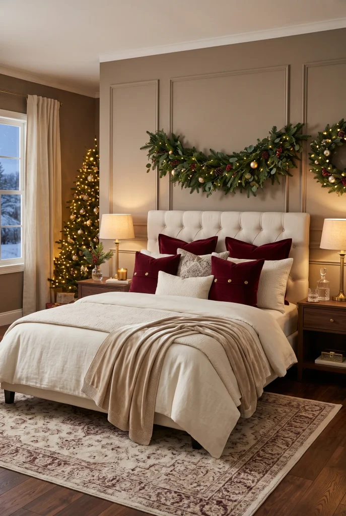 Minimal Christmas bed with neutral bedding, simple greenery, and warm lights